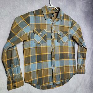 Fox Plaid Long Sleeve Flannel Shirt Mens Size L Blue Brown Gold